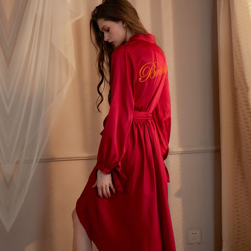 Kvinners nattkjole Bryllup morgenkjole Kvinnelig Brud Brudepike Is Silke Lang Nattkjole Vår og høst Bryllup Nygift Rød Pyjamas Pyjamas_voghion.com