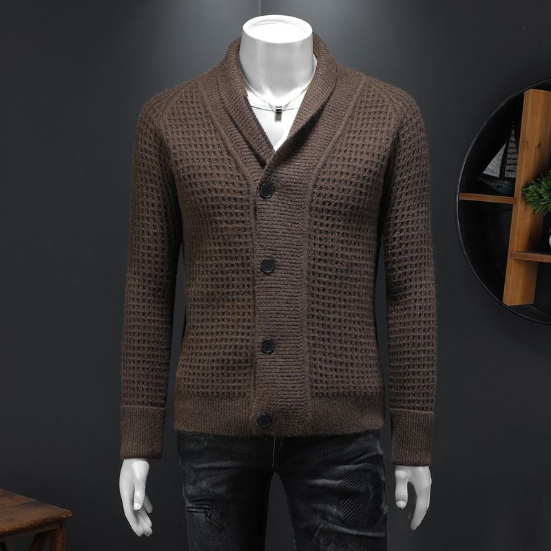 Cardigan oversize con collo a scialle per uomo autunno/inverno – Cappotto in maglia testurizzata con bottoni in tinta unita, vestibilità rilassata, capospalla di ispirazione coreana_voghion.com