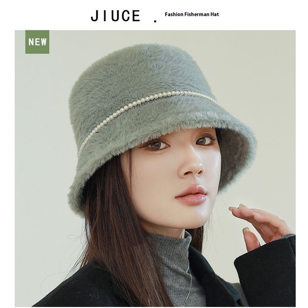 New Autumn And Winter Style Small Fragrant Pearl Mink Fur Flat Top Fisherman Hat With Feminine Temperament Warm Basin Hat Bucket Hat_voghion.com