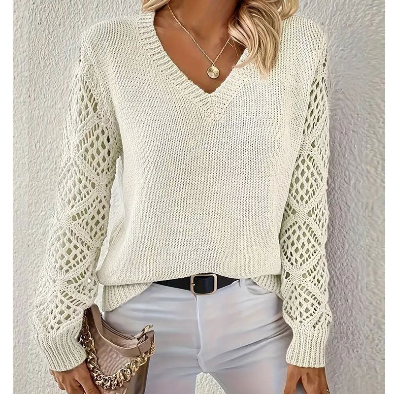 Pull col V sans effort pour femme, haut en dentelle et tricot – Pull en acrylique respirant, style décontracté et chic pour le bureau, tailles S/M/L/XL (beige, noir, crème)_voghion.com