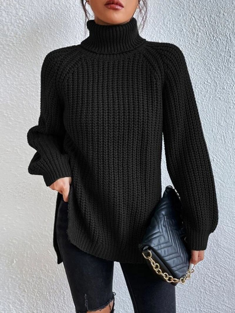Strickpulloverkleid für Damen, langärmelig, hoher Halsausschnitt, übergroße Pullover-Tunika mit Seitenschlitzen – weiche Acrylmischung, Herbst-Winter-Mode, lässige Eleganz_voghion.com