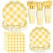 New Paper Grid Striped Edge Plates Party Disposable Tableware Set_voghion.com
