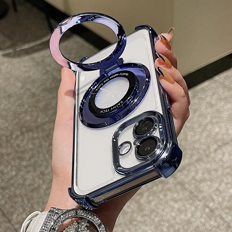 Luxury Plating Transparent Magnetic Holder Phone Case For IPhone 16 15 14 13 12 Pro Max Plus For IPhoneShockproof Protect Cover_voghion.com