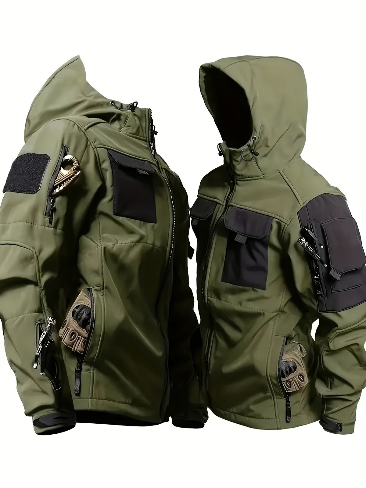 Men's -Lined Tactical Windbreaker Jacket Winter Shark Beige Softshell Hooded Coat With MOLLE System, Multi-Pocket Design_voghion.com