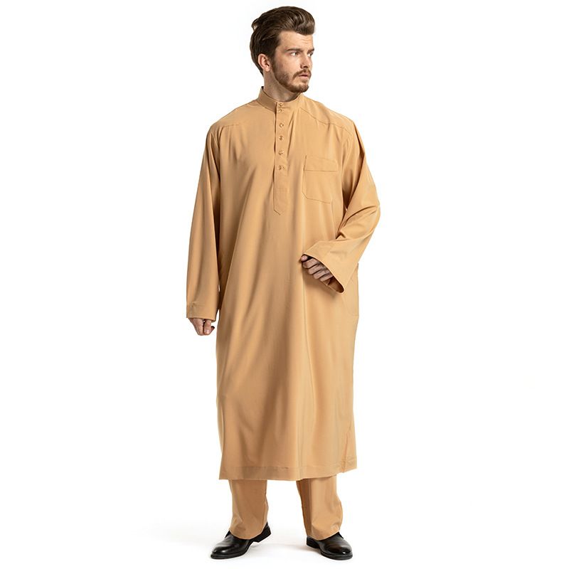 Pánské oblečení, národnost, stojáček, župan, pánský arabský, jednobarevný, s dlouhým rukávem, dvoudílná sada_voghion.com