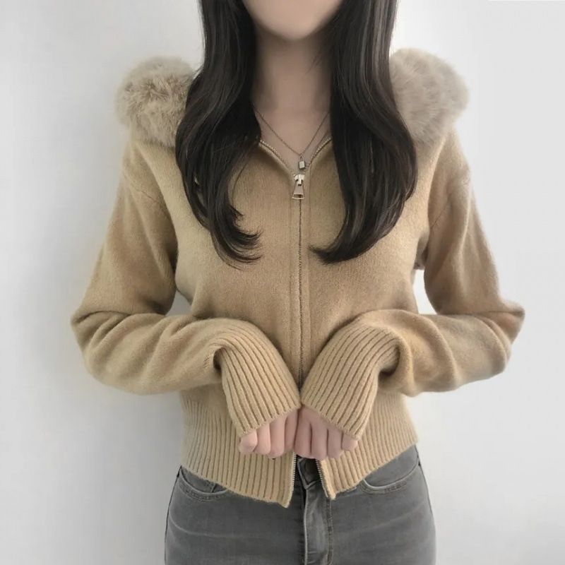 Cárdigan corto de punto con capucha para mujer, cuello de piel sintética de zorro, corte holgado, manga larga, cierre frontal con cremallera, estilo casual y elegante (caqui/blanco/gris/negro)._voghion.com