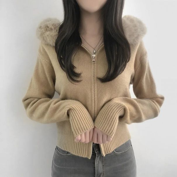 Cárdigan corto de punto con capucha para mujer, cuello de piel sintética de zorro, corte holgado, manga larga, cierre frontal con cremallera, estilo casual y elegante (caqui/blanco/gris/negro)._voghion.com