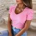 Sommer Damen Pullover Elastischer Faden Bubble Sleeve Kurzarm V-Ausschnitt T-Shirt Für Damen_voghion.com