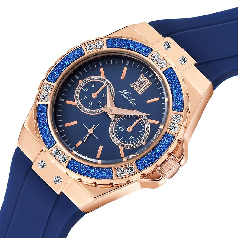 Reloj de cuarzo de silicona versátil con tres esferas y diamantes para mujer._voghion.com
