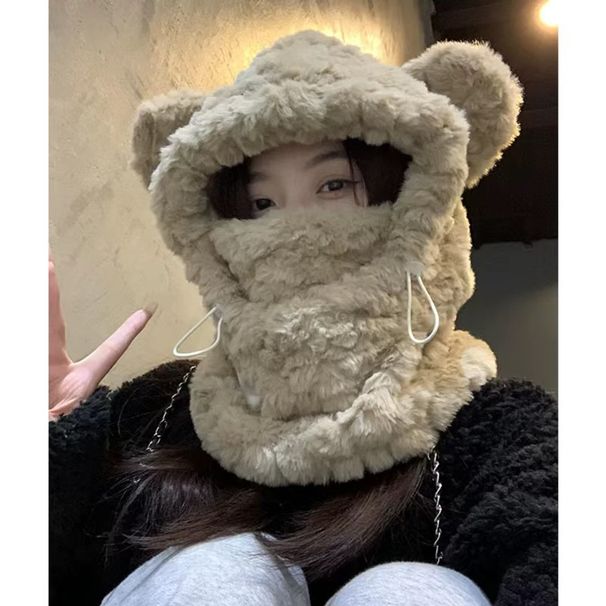 Niedlicher, verdickter Teddybär-Plüschschal, integriert in die warme Ohrenschutzmütze für Damen im Herbst und Winter in koreanischer Version_voghion.com
