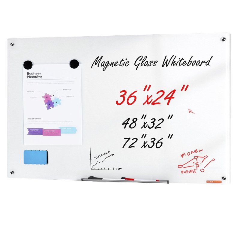 VEVOR Magnetic Glass Whiteboard, Dry Erase Board 36"x24", Wall-Mounted Large White Glassboard Frameless, With Marker Tray, An Eraser And 2 Markers, White_voghion.com
