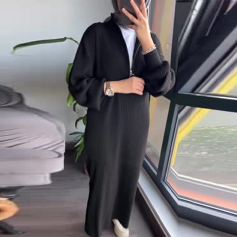 Muslim Loose Lazy Style Solid Color Knitted Zipper Lapel Sweater Dress For Women_voghion.com