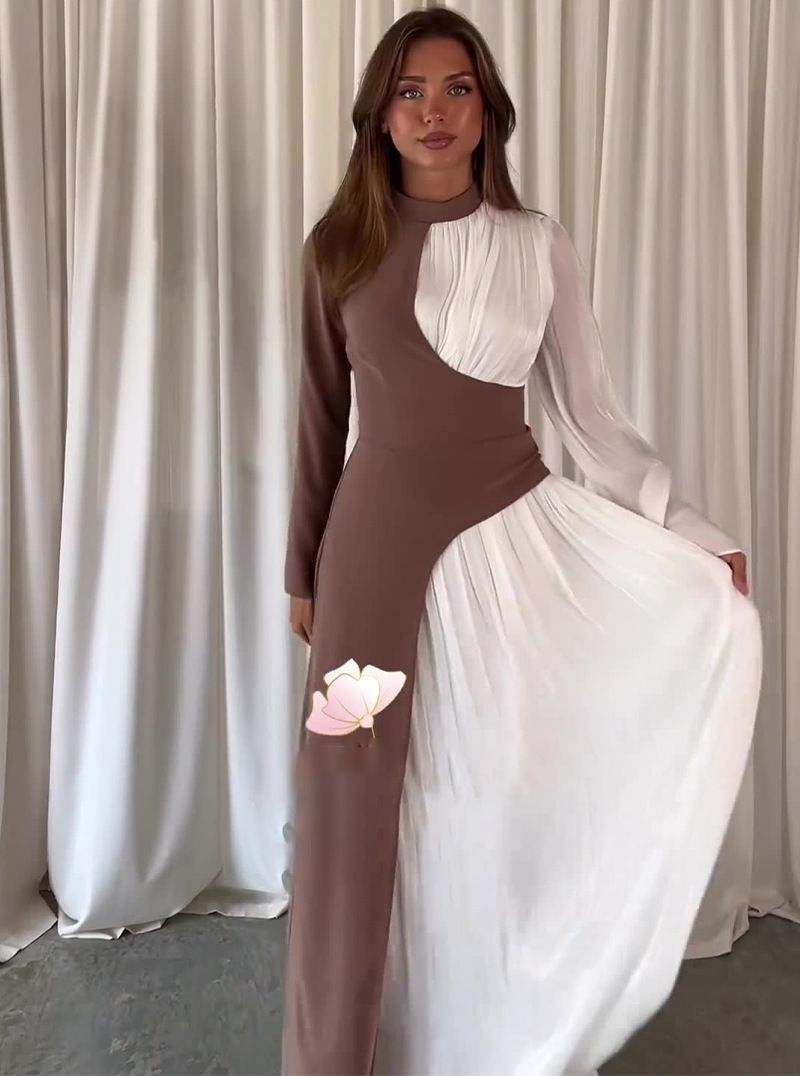 Damenbekleidung Rundhals Kontrastfarbe Langarm Hohe Taille Schlankes Temperament Retro Kleid_voghion.com