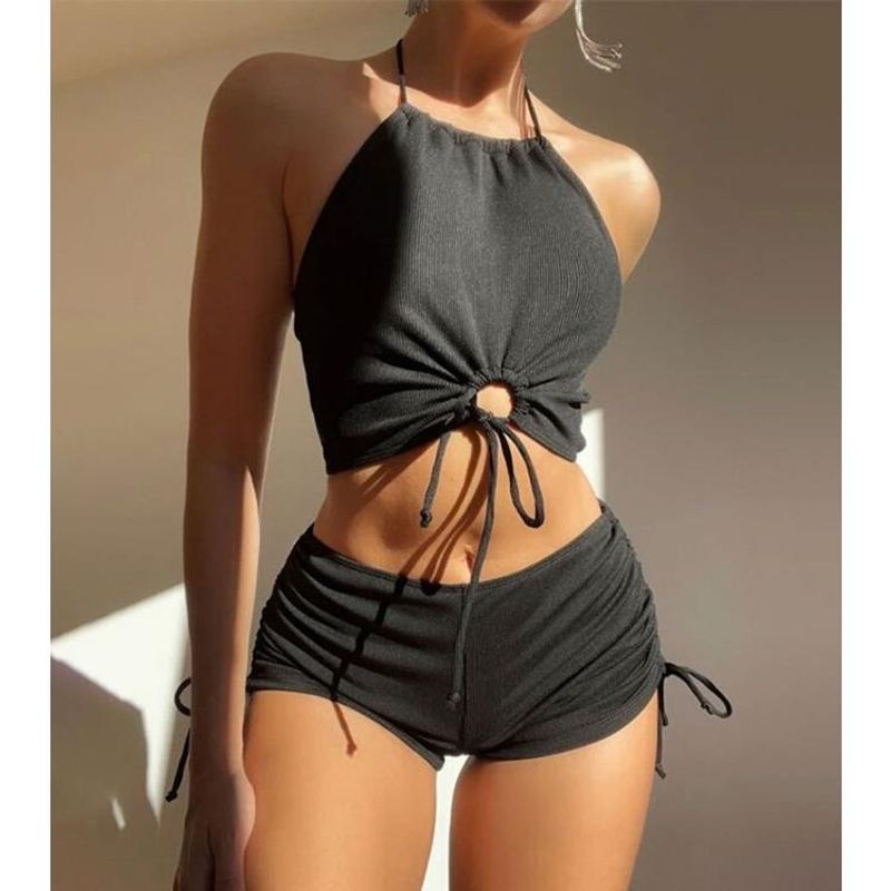 New Style Solid Color Two-Piece Women's Halter Swimsuit Boxer Sports Beach Bikini Swimwear_voghion.com