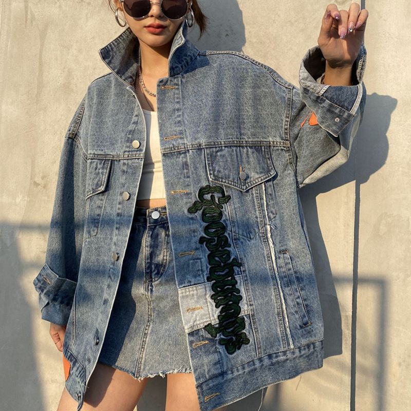 Women's Clothing Spring and Autumn Embroidered Denim Jacket Women's National Trendy Hip Hop Smiling Face Rivet Jacket_voghion.com