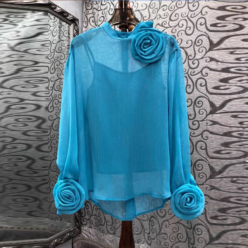 Camicia a due pezzi sottile leggermente trasparente a maniche lunghe con colletto alto e motivo floreale tridimensionale, abbigliamento da donna per l'inizio dell'autunno_voghion.com