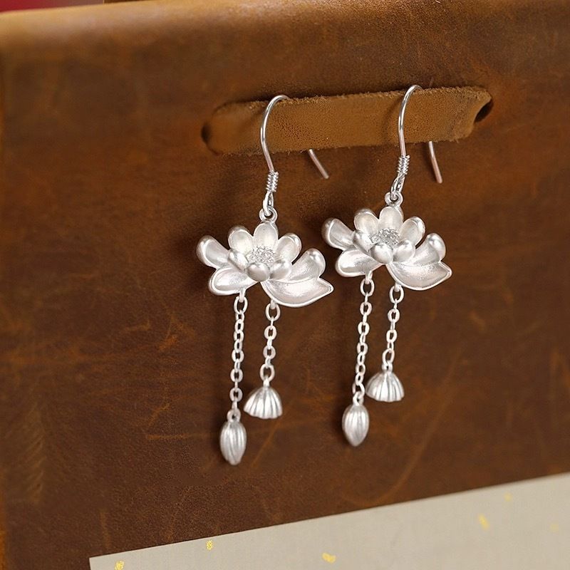 S999 Pure Silver Chinese-Style Lotus Hook Tassel Drop Earrings - Women’s "Two Lives Love" Inspired National Trend Jewelry, Ideal Gift_voghion.com