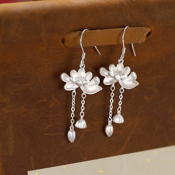 S999 Pure Silver Chinese-Style Lotus Hook Tassel Drop Earrings - Women’s "Two Lives Love" Inspired National Trend Jewelry, Ideal Gift_voghion.com