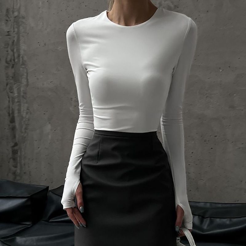 Damenbekleidung Damen Slim Fit Langarm T-Shirt - Basic Stretch Tee (Weiß, S-L) Verkaufsschlager_voghion.com