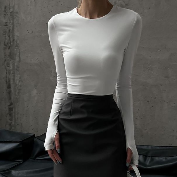 Damenbekleidung Damen Slim Fit Langarm T-Shirt - Basic Stretch Tee (Weiß, S-L) Verkaufsschlager_voghion.com