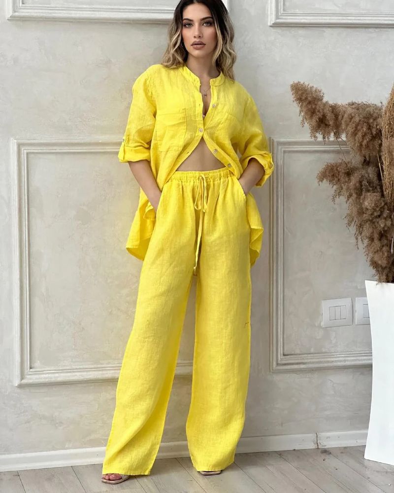 Abbigliamento da donna Estate Nuovo set da donna di grandi dimensioni in cotone e lino, set di camicie a vita alta e pantaloni larghi_voghion.com
