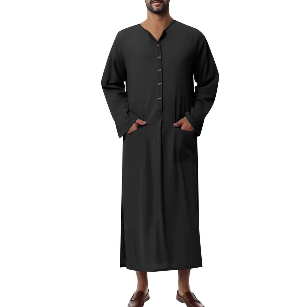 Men's Clothing Casual Button Solid Color Long Sleeve Pocket Loose Robe Menswear_voghion.com