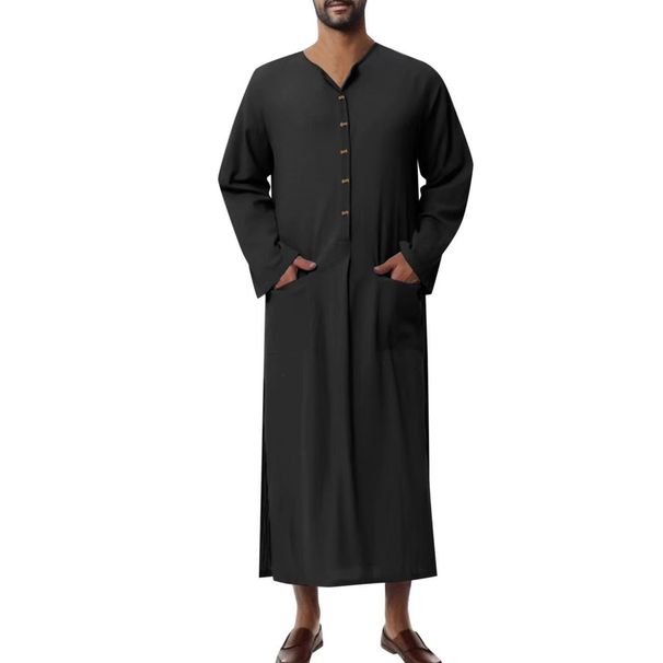Men's Clothing Casual Button Solid Color Long Sleeve Pocket Loose Robe Menswear_voghion.com