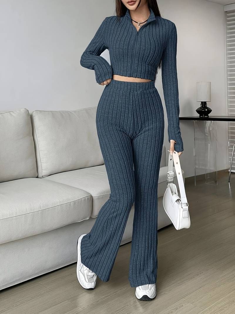 Damenbekleidung Modisches, einfarbiges, geripptes zweiteiliges Set mit Reißverschluss, langärmligem bauchfreiem Oberteil und Schlaghose mit hoher Taille_voghion.com