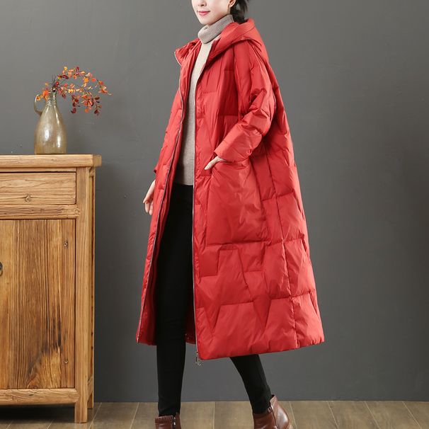 Dammekleeder Grouss Gréissten locker literaresch Laangärm Kapuzenjacket Wanter Neie Stil Iwwer de Knéi Wäiss Entendaun Dënn Daunjacket Trend_voghion.com