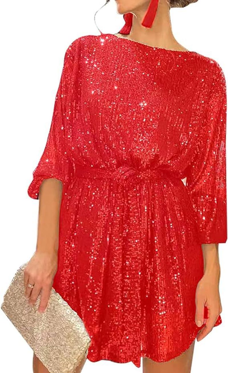 Women's Clothing round neck long sleeve casual loose sequin dress _voghion.com