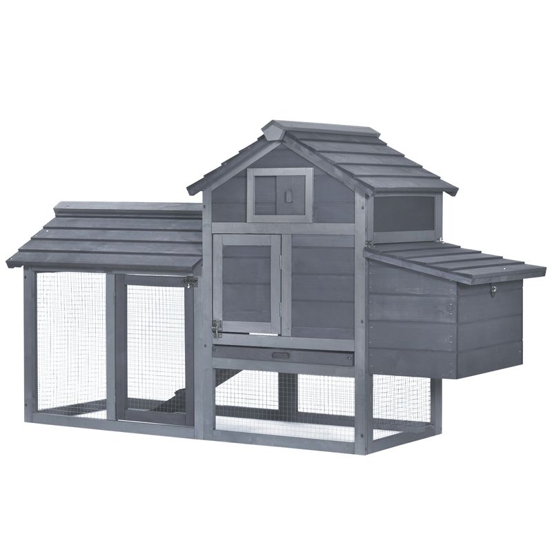 PawHut 59" Small Wooden Chicken coop Hen House Poultry Cage for Outdoor Backyard with 2 Doors, Nesting Box and Removable Tray, Gray_voghion.com