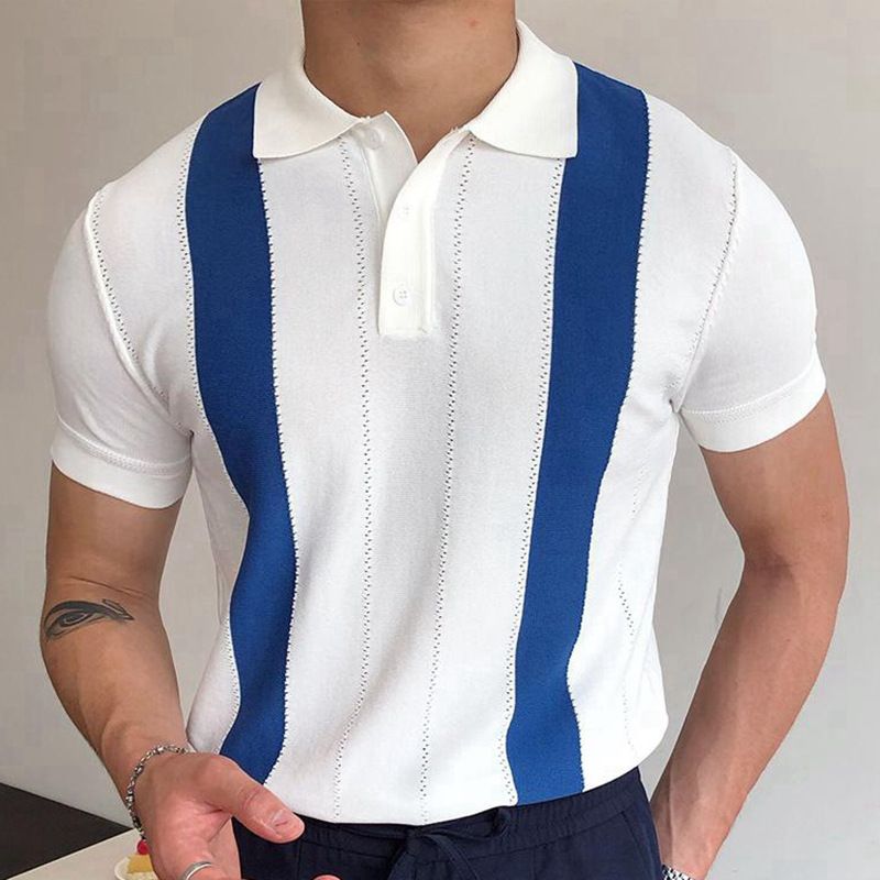 New Men's Summer Short Sleeved Knit With White Stripes Slim Fitting Business POLO Shirt_voghion.com