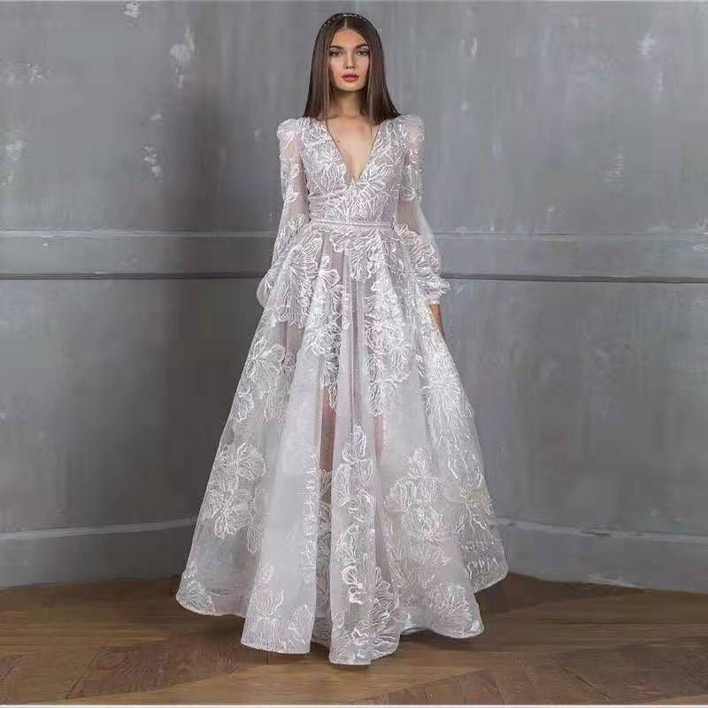 Women's Clothing New Lace Embroidered Wedding Dress Evening Dress Banquet Dress_voghion.com