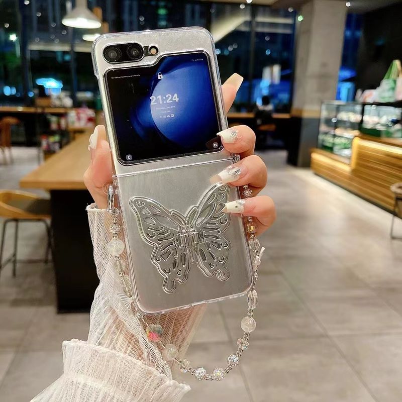 Für Samsung Galaxy Z Flip 3 4 5 5G Flip4 süße Laser Schmetterling Ständer Halter Perle Handgelenk Kette Riemen Telefon Fall Abdeckung_voghion.com