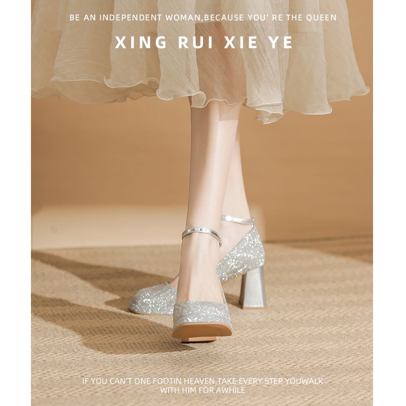 Champagne High Heels Women's Hexiu Wedding Two-Way Thick Heel Bride Not Tired Feet Waterproof Platform Dress Engagement_voghion.com