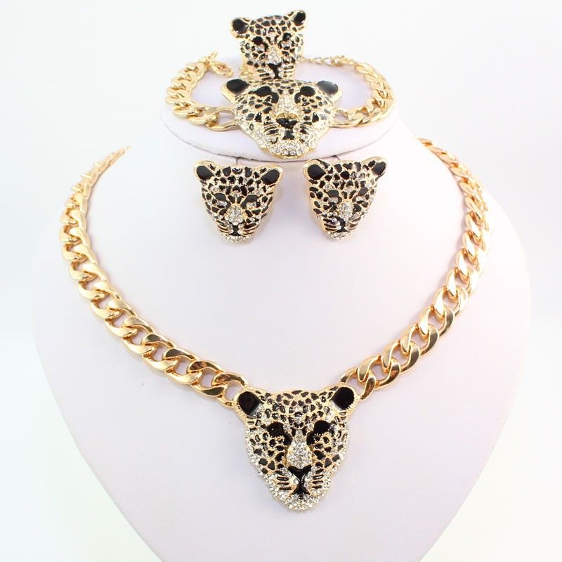 Moda cabeça de leopardo pulseira brincos colar anel conjunto nova moda ouro cor cristal conjuntos de jóias africanas_voghion.com