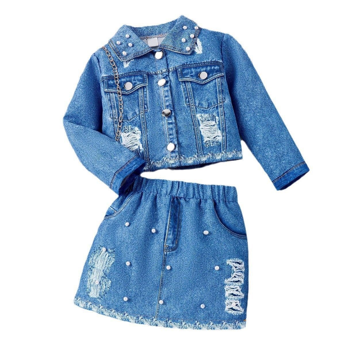 Çocuk Giyim Sonbahar Ve Kış Kot Yaka Uzun Kollu Ceket + İnci İşlemeli Kısa Etek Kız İki Parça Takım_voghion.com