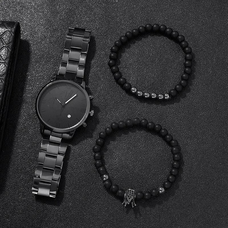 2 pezzi/set da uomo alla moda in acciaio con cinturino di alta qualità, numeri romani neri, calendario singolo + corona con perline_voghion.com