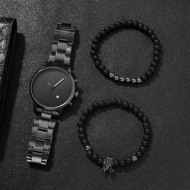 2 pezzi/set da uomo alla moda in acciaio con cinturino di alta qualità, numeri romani neri, calendario singolo + corona con perline_voghion.com
