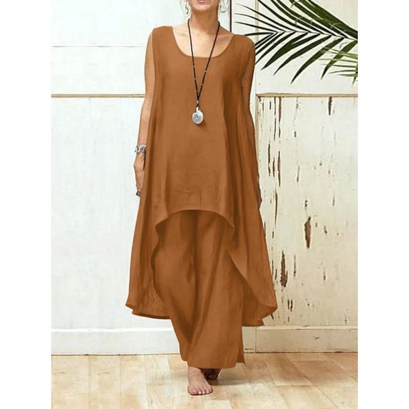 Women's Sportswear Casual Sleeveless Asymmetric Top Loose 2-piece Pants Suit_voghion.com