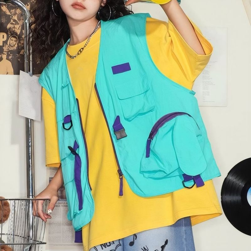 Men's Clothing Dopamine Pocket Vest Functional Style Workwear Casual Vest Men And Women Sleeveless Contrast Color Casual Breathable Waistcoat Top_voghion.com
