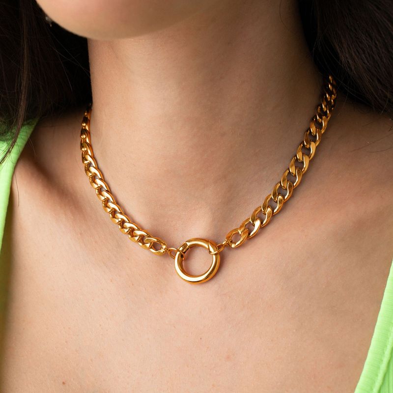 Collana con ciondolo a forma di cerchio regolabile in acciaio inossidabile placcato oro, catena cubana NK_voghion.com
