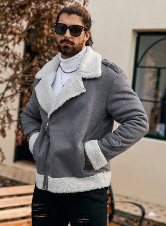 Men's Vintage Faux Suede Jacket With Fleece Lining – Winter-Ready Zip-Up Coat In Grey, Lightweight & Warm Polyester Filling_voghion.com