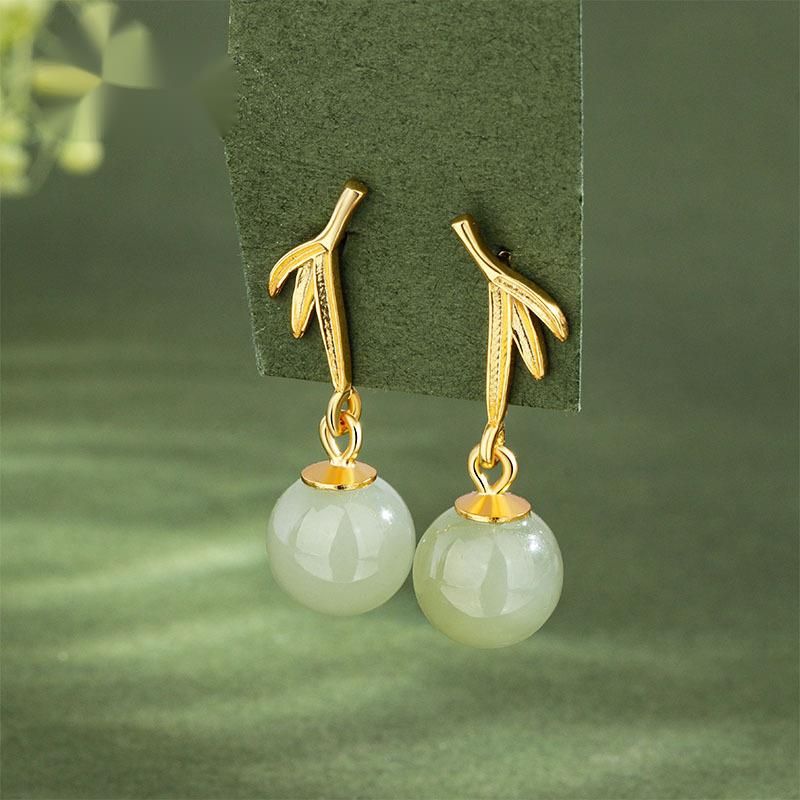 Orecchini pendenti lunghi e leggeri in bambù da donna, stile palazzo, placcati in argento puro S925 con foglia e giada Hetian, antica eleganza cinese_voghion.com