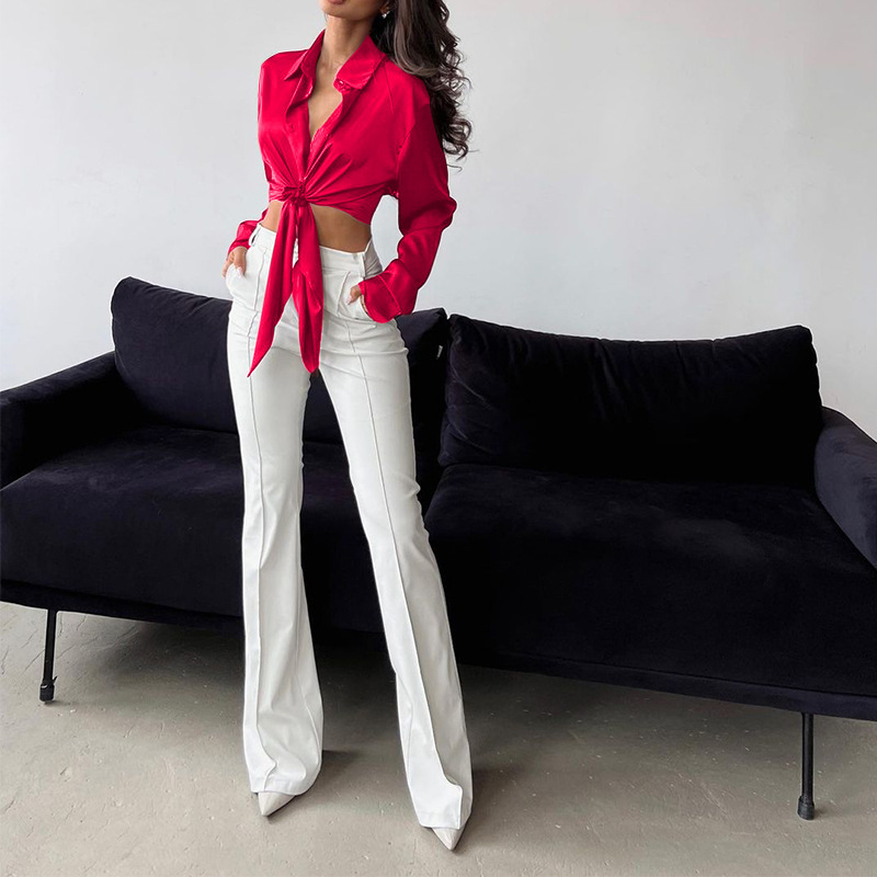 Haut à manches longues à col polo et texture en satin de soie décontracté pour femmes Solid Temperament_voghion.com