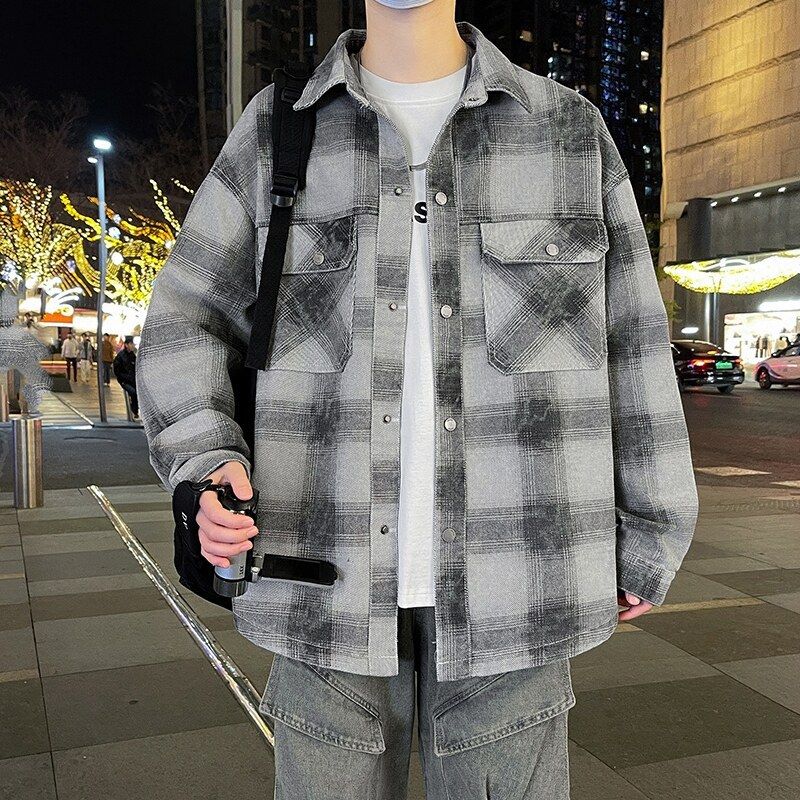 Teenager Frühjahr und Herbst Neue Denim Für Jungen 2025 Trendy Hübsche Karierte Hemd Jacke_voghion.com