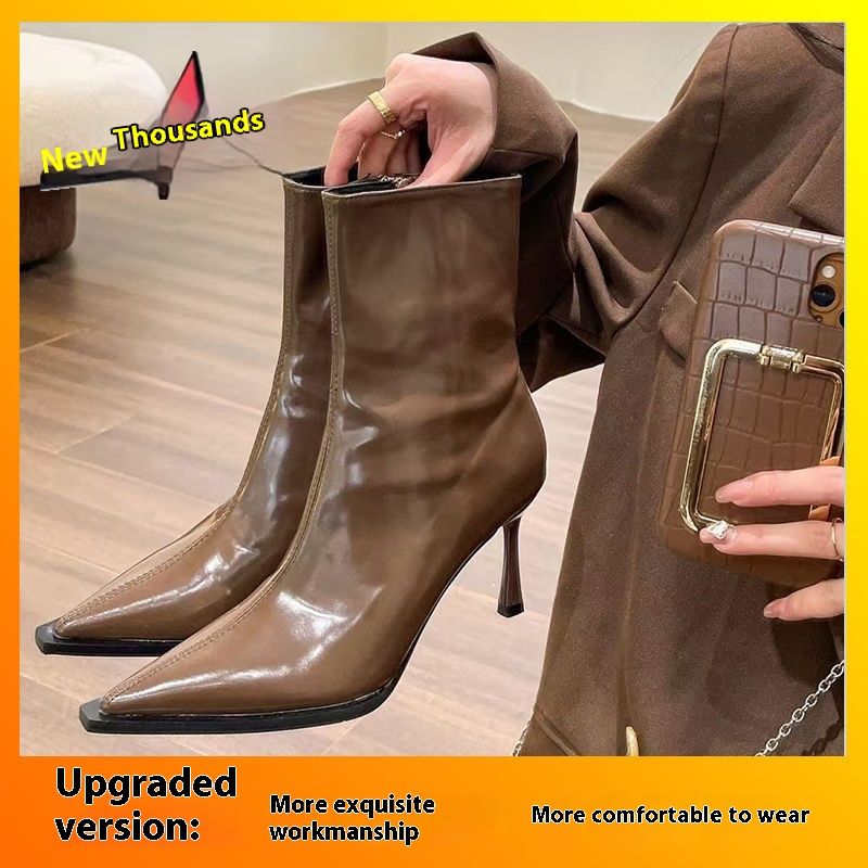 Thin heeled patchwork bare slim brown high heels pointed short boots 2024 autumn/winter new collection_voghion.com