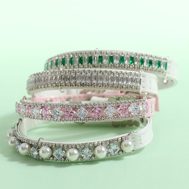 Set Pink Square Collar Small Cat Green Zircon Leash Dog Chain_voghion.com