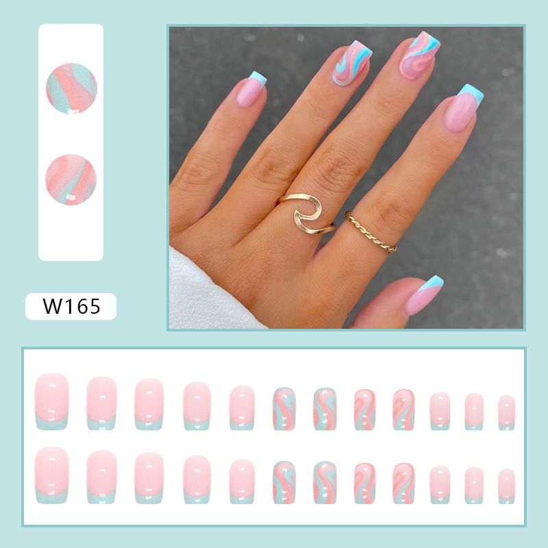 Ongles carrés moyens et longs, commerce extérieur, morceaux d'ongles transfrontaliers, ongles ondulés bleu lac, ongles d'été, morceaux d'ongles naturels frais et cool_voghion.com