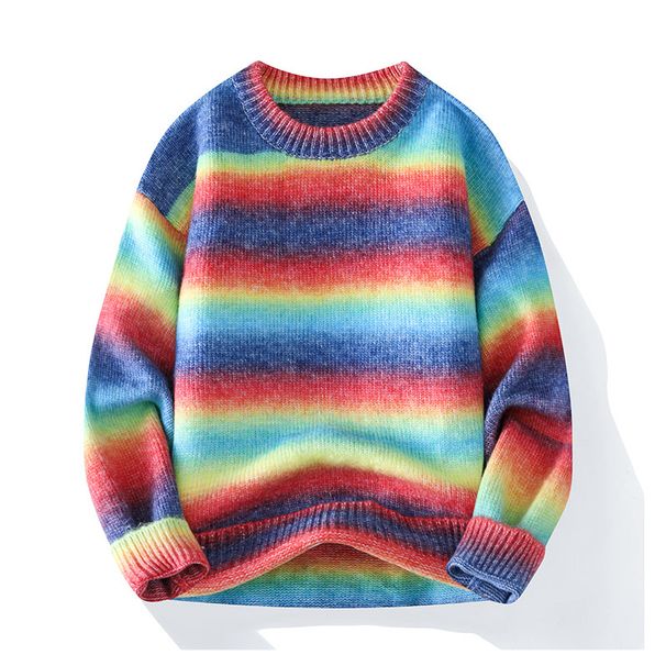 Sweater men's autumn and winter new style American rainbow stripe round neck loose casual pullover simple gradient_voghion.com
